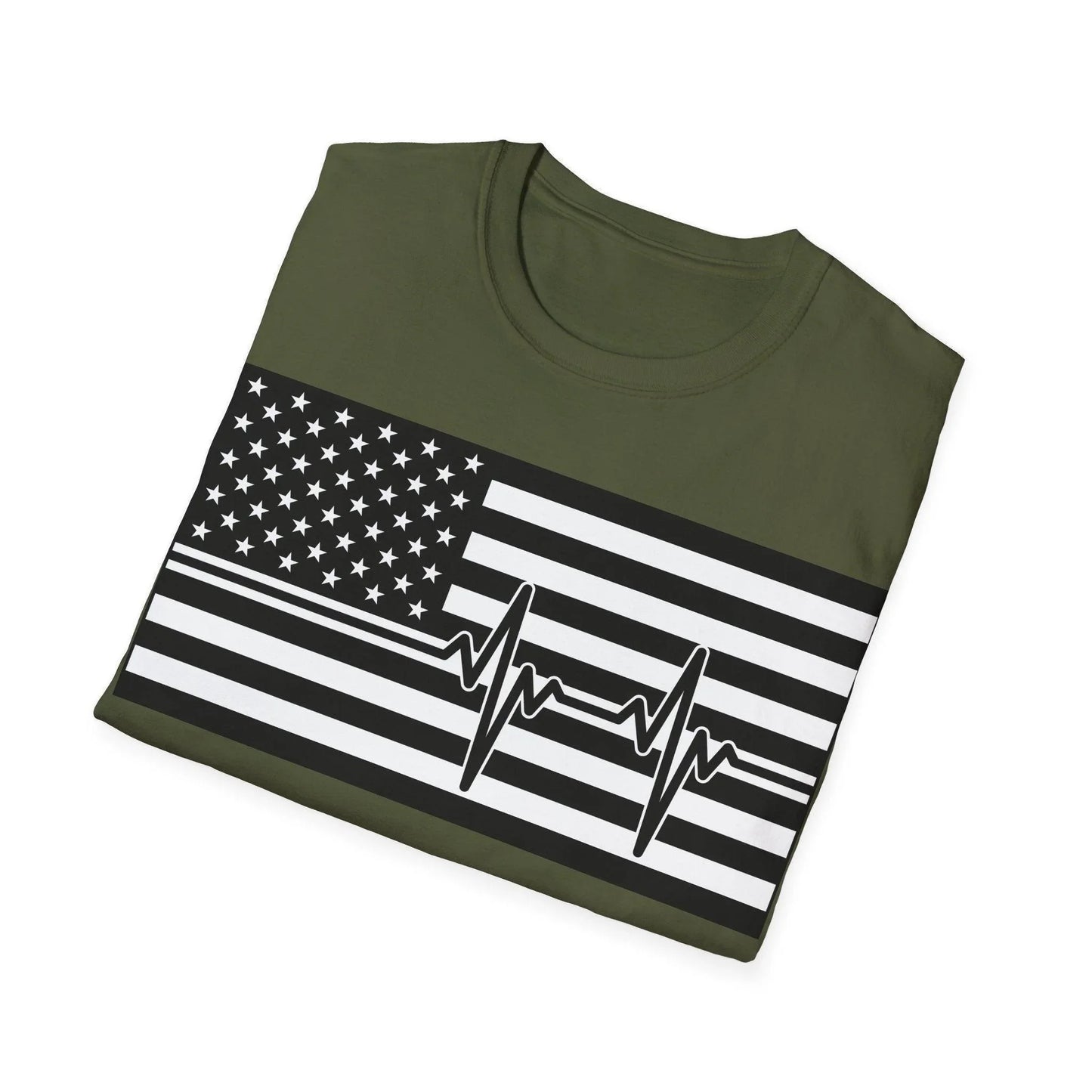 Close-up of black-and-white American flag heartbeat graphic on the chest front of the unisex softstyle T-shirt, highlighting