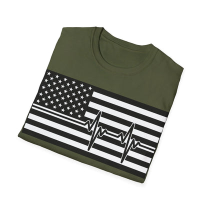 Close-up of black-and-white American flag heartbeat graphic on the chest front of the unisex softstyle T-shirt, highlighting