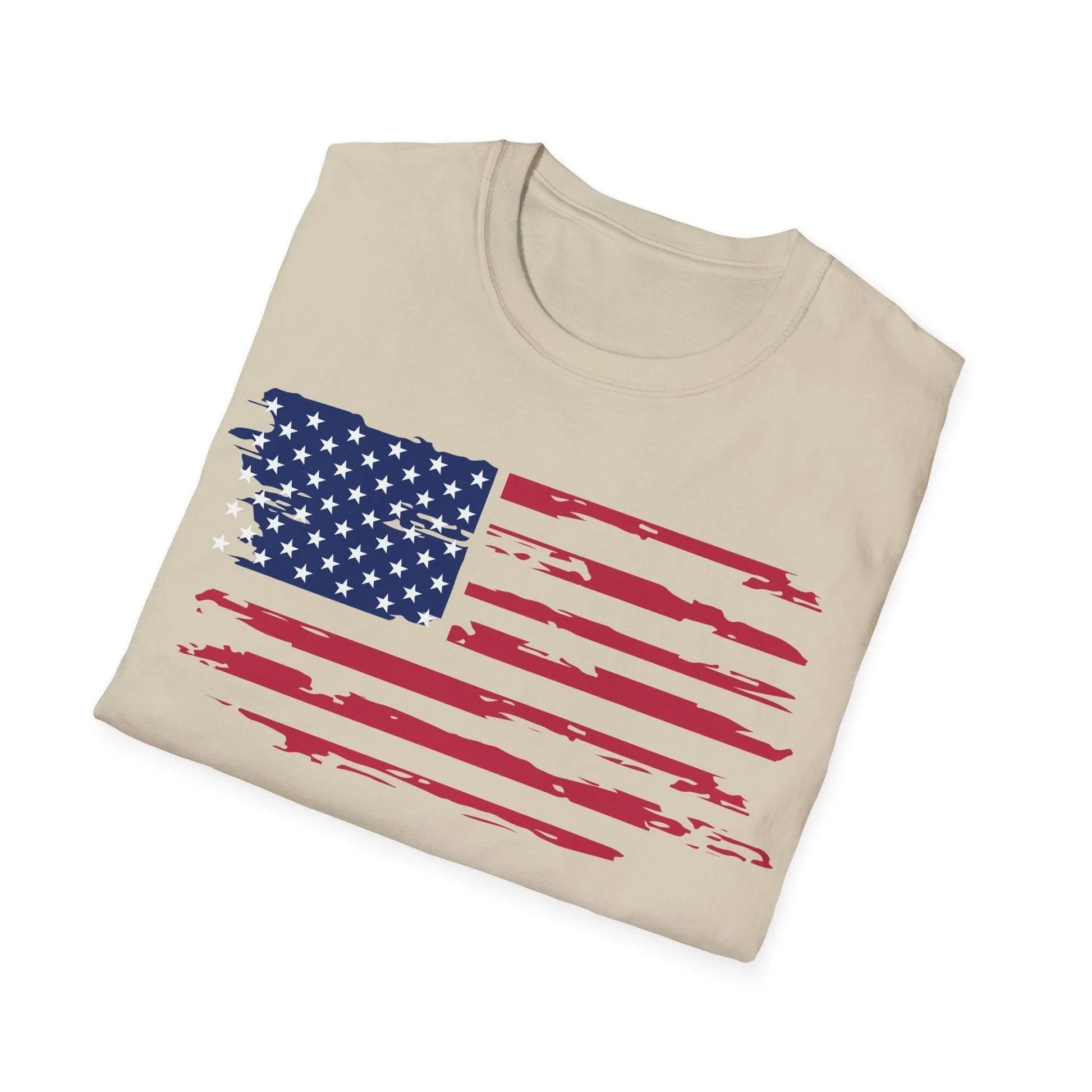 Close-up of the distressed American flag pattern on the soft, relaxed-fit, unisex T-shirt’s front neckline showing faded