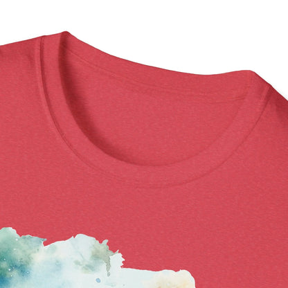 Close-up of the unisex softstyle T-shirt’s front neckline revealing its smooth stitching and vibrant vintage olive color