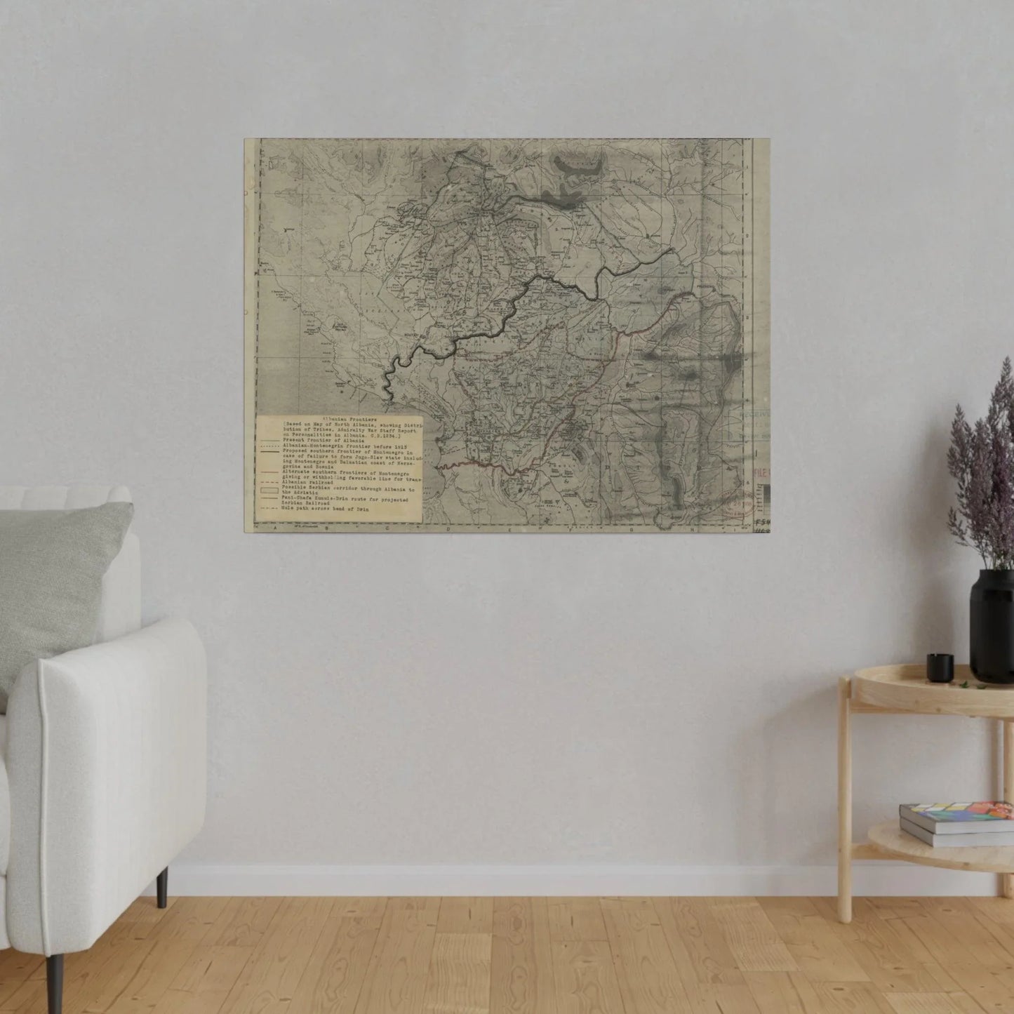 Close-up of textured canvas surface highlighting 1916 wartime printing details and subtle color variations of the Albanian