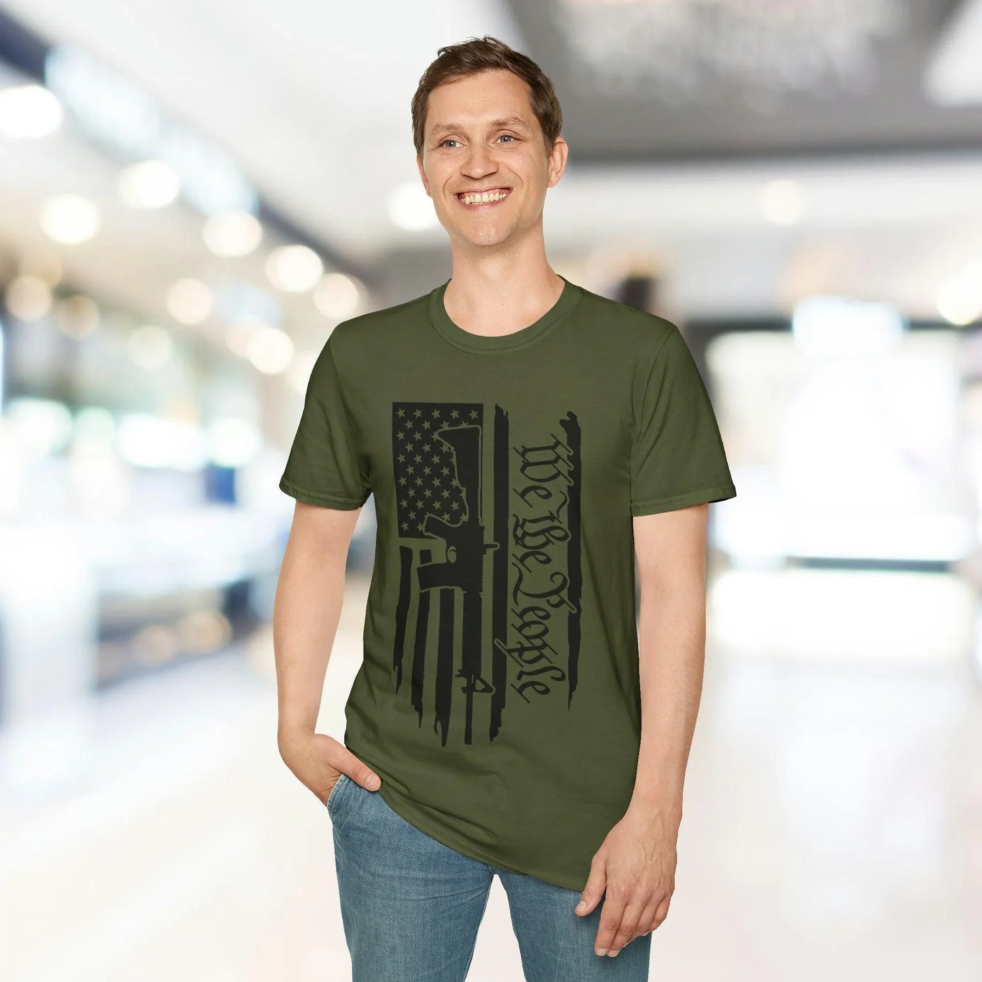 Close-up of the distressed vertical black and white American flag graphic on soft cotton fabric, highlighting the weathered