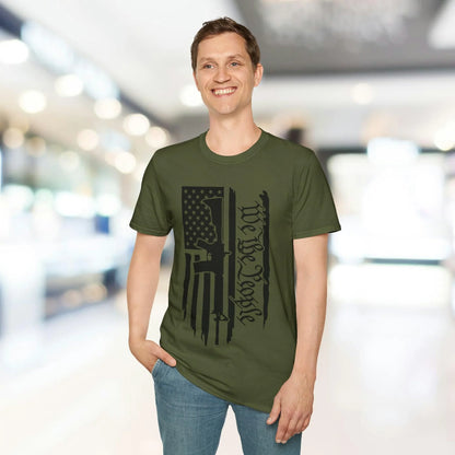 Close-up of the distressed vertical black and white American flag graphic on soft cotton fabric, highlighting the weathered