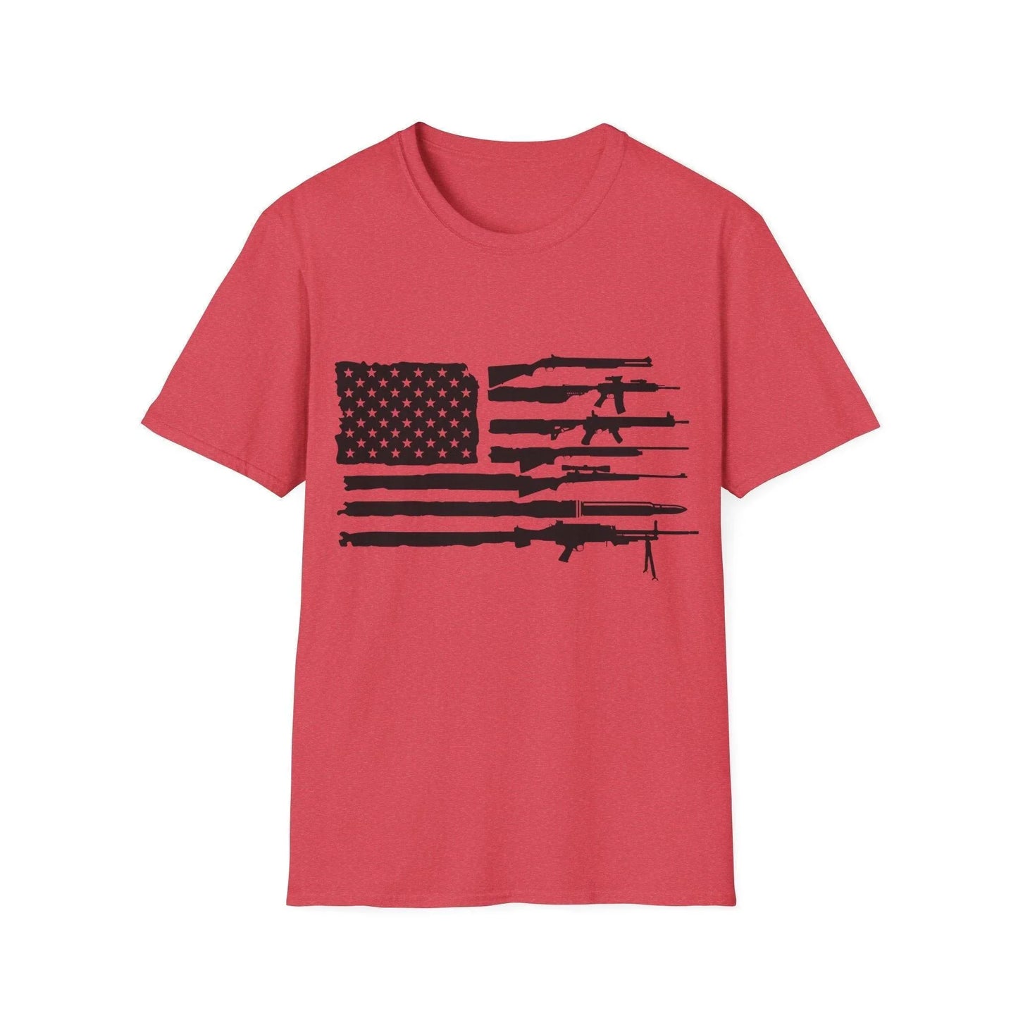 Close-up of the American Flag Guns B&W design on the chest area, showcasing the detailed black and white flag pattern on