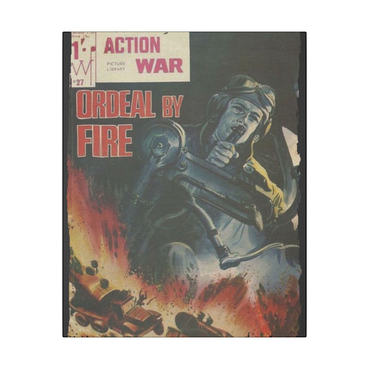 Close-up of the textured canvas surface highlighting the vintage print details and subtle weathered finish of Action War #27