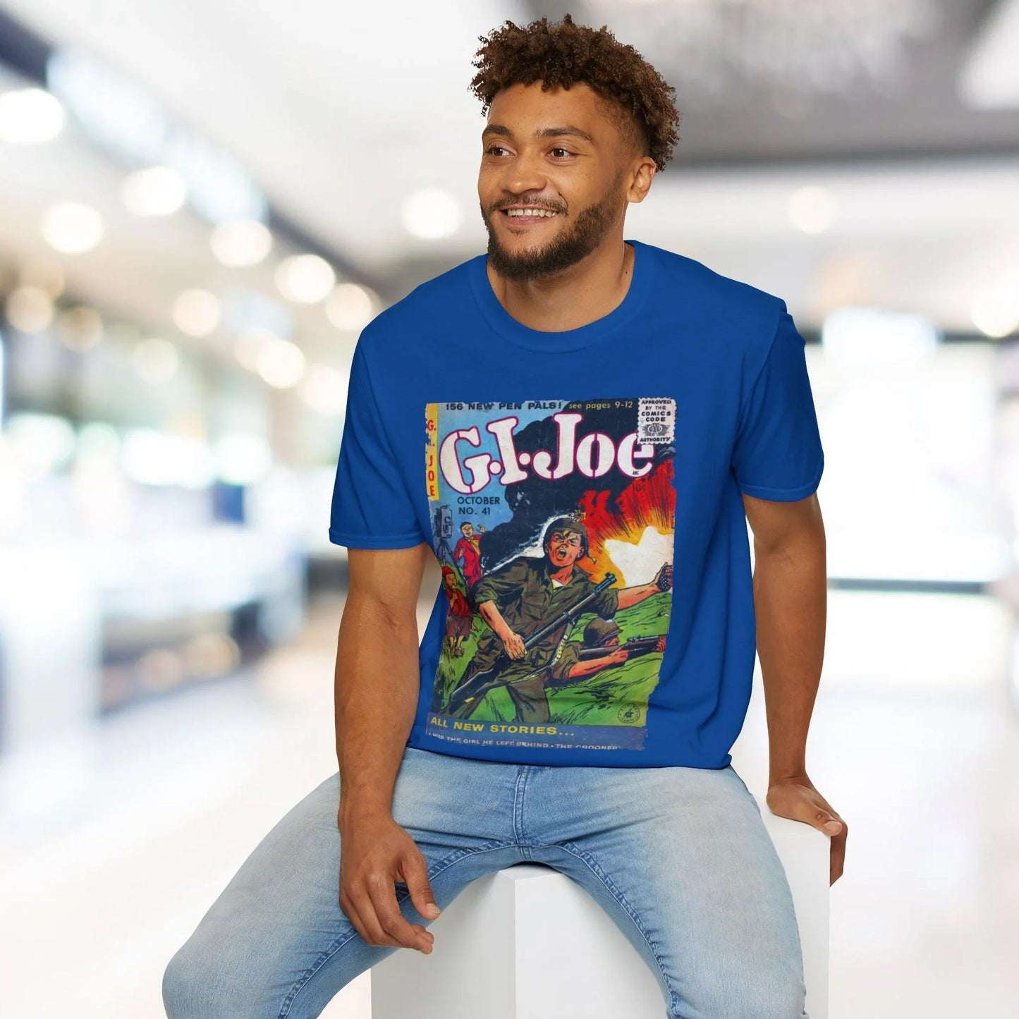 Close-up of the G.I. Joe No.41 unisex softstyle T-shirt's navy fabric displaying smooth, relaxed fit and subtle stitching