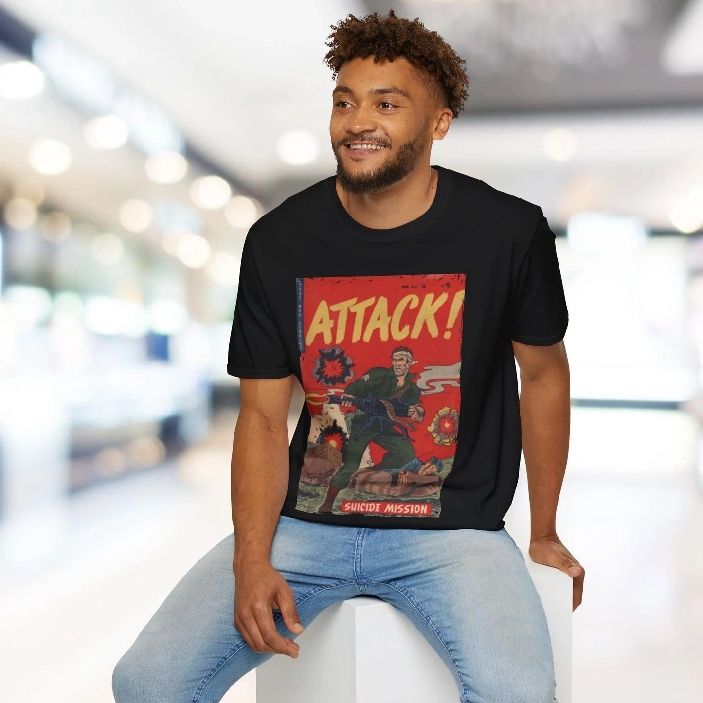 Close-up of the Attack! No. 6 unisex softstyle T-shirt’s smooth cotton fabric and ribbed crew neckline from a slightly