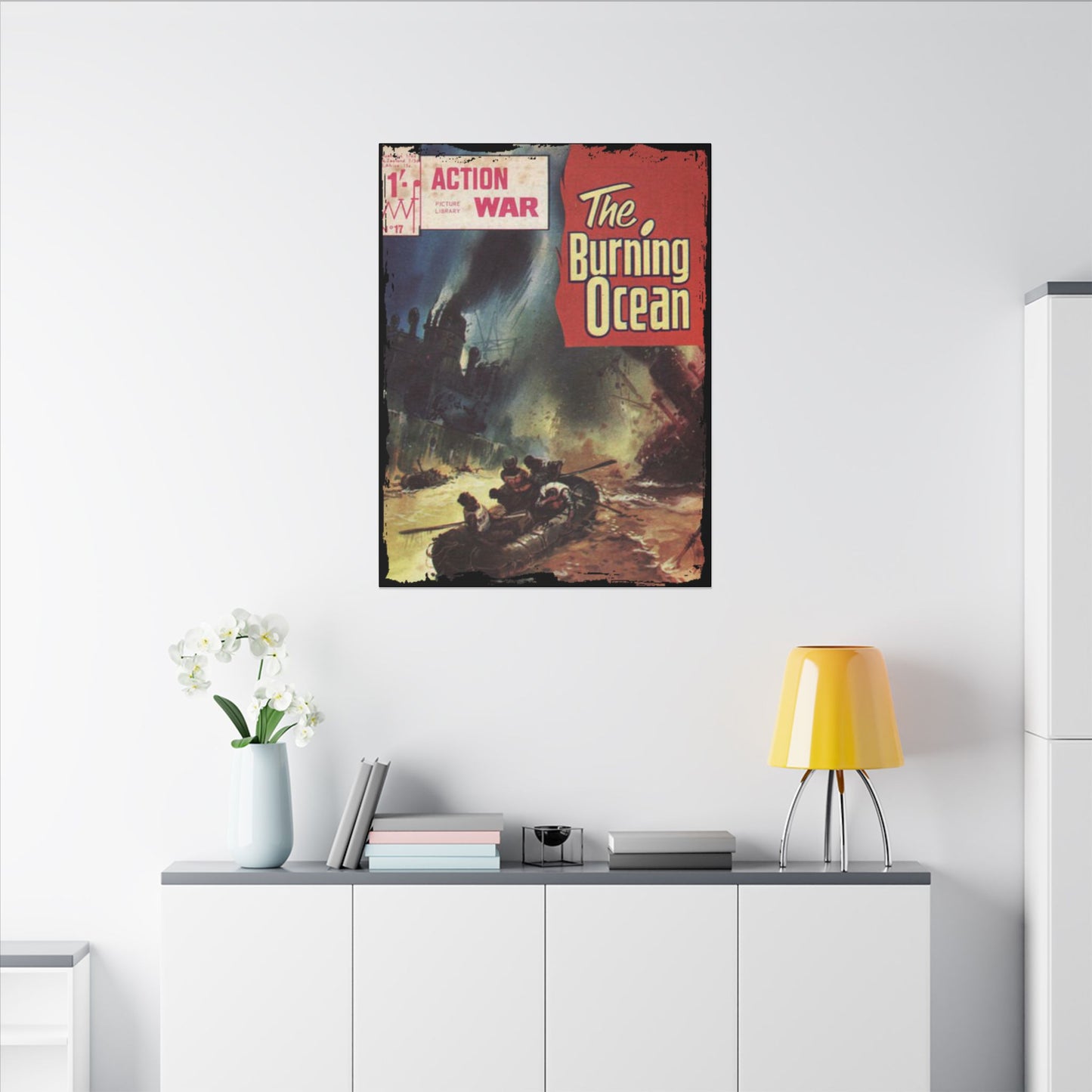 Close-up of "Action War #17" canvas cover showcasing textured printed comic artwork with vibrant colors and detailed line