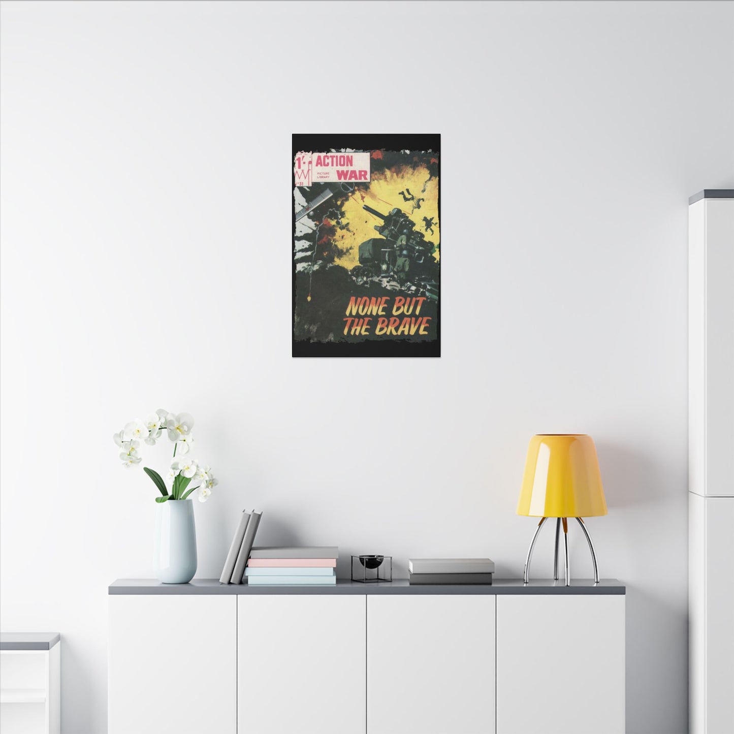 Close-up of the "Action War #31" Canvas showing detailed comic book cover texture and vibrant color saturation at a slight