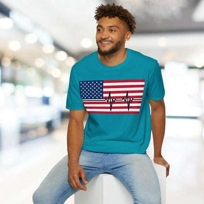 Close-up of the unisex softstyle T-shirt's vibrant American flag heartbeat graphic on the chest, highlighting the detailed
