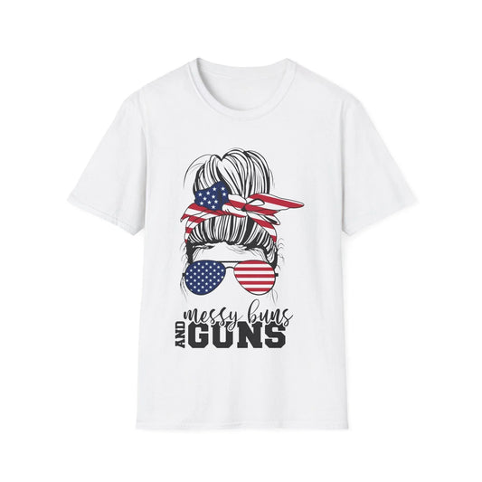 Printify Messy Buns & Guns unisex crew neck cotton T-shirt in charcoal, regular fit, with printed graphic, long sleeves, and