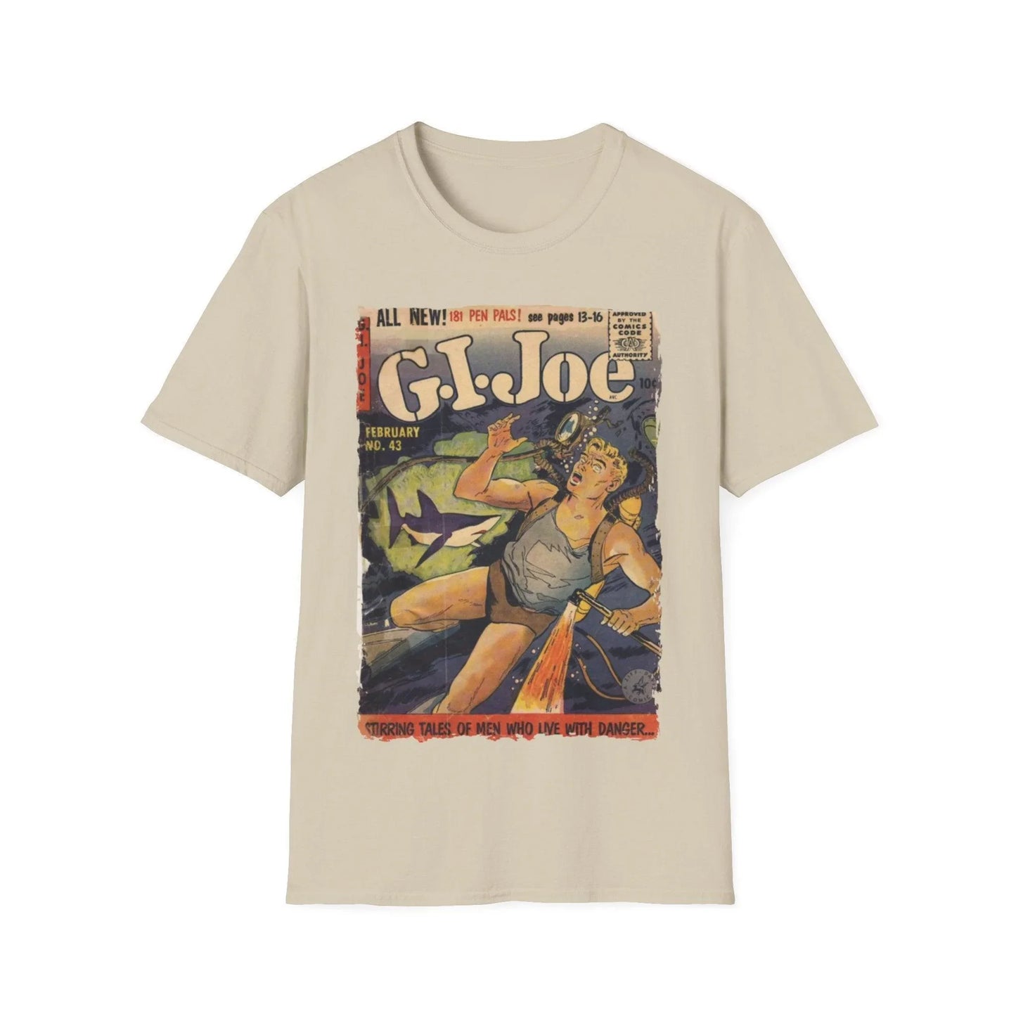 Close-up of the G.I. Joe No.43 softstyle T-shirt’s collar, showcasing the neatly stitched scoop neckline and cotton fabric