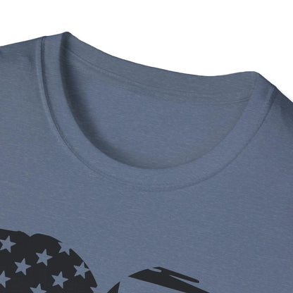 Close-up of the American Heart B&W unisex softstyle T-shirt’s neckline and smooth fabric texture from a front angle