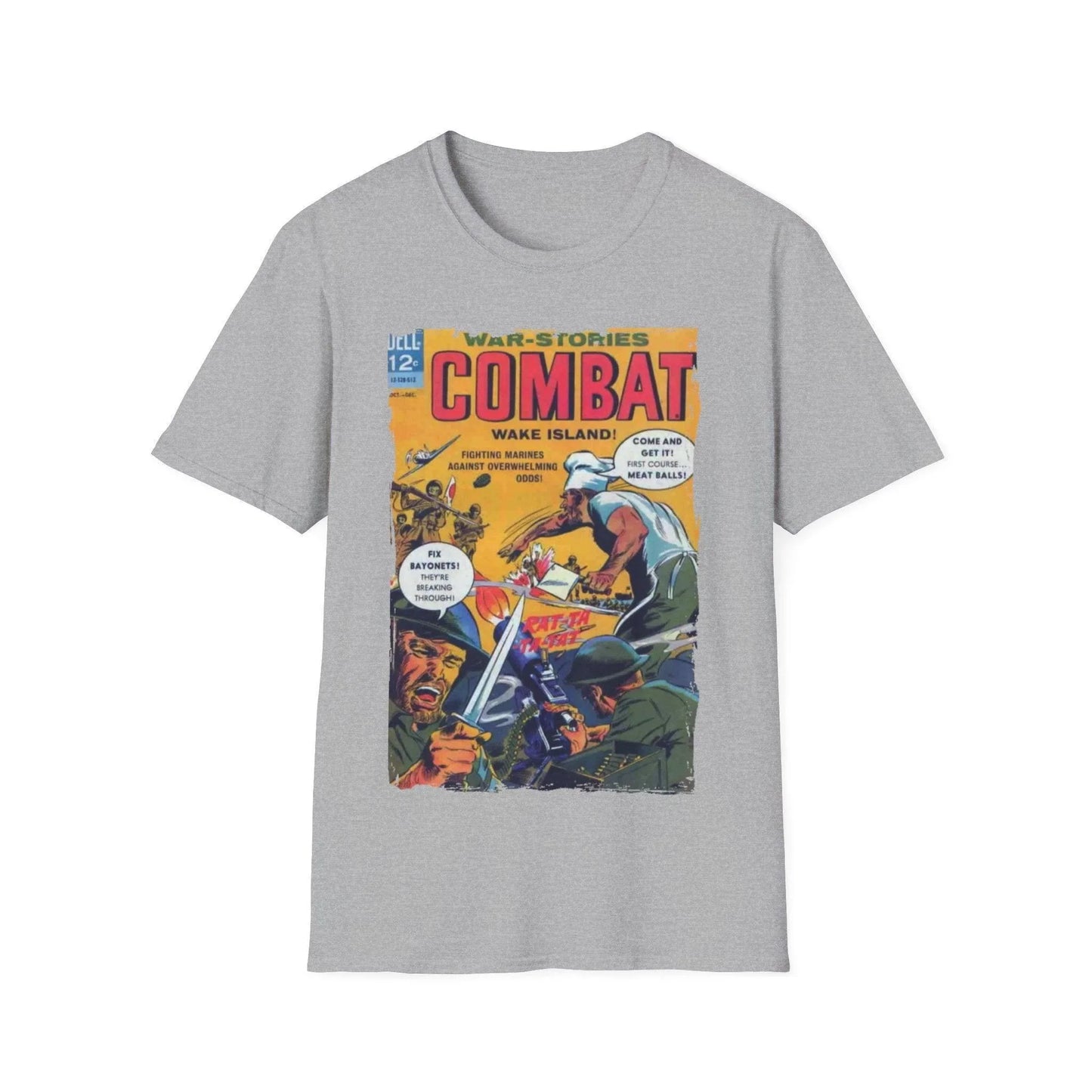 Close-up of the Combat Oct 1965 T-shirt's soft cotton fabric displaying subtle heather texture and relaxed fit neckline from