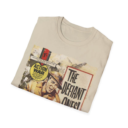 Close-up of the unisex softstyle T-shirt’s smooth cotton fabric in deep navy, highlighting its relaxed fit and subtle