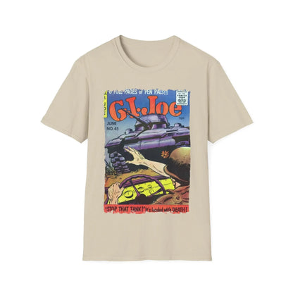 Close-up of the G.I. Joe No.45 softstyle T-shirt's neckline with visible stitching and relaxed fit fabric in olive green