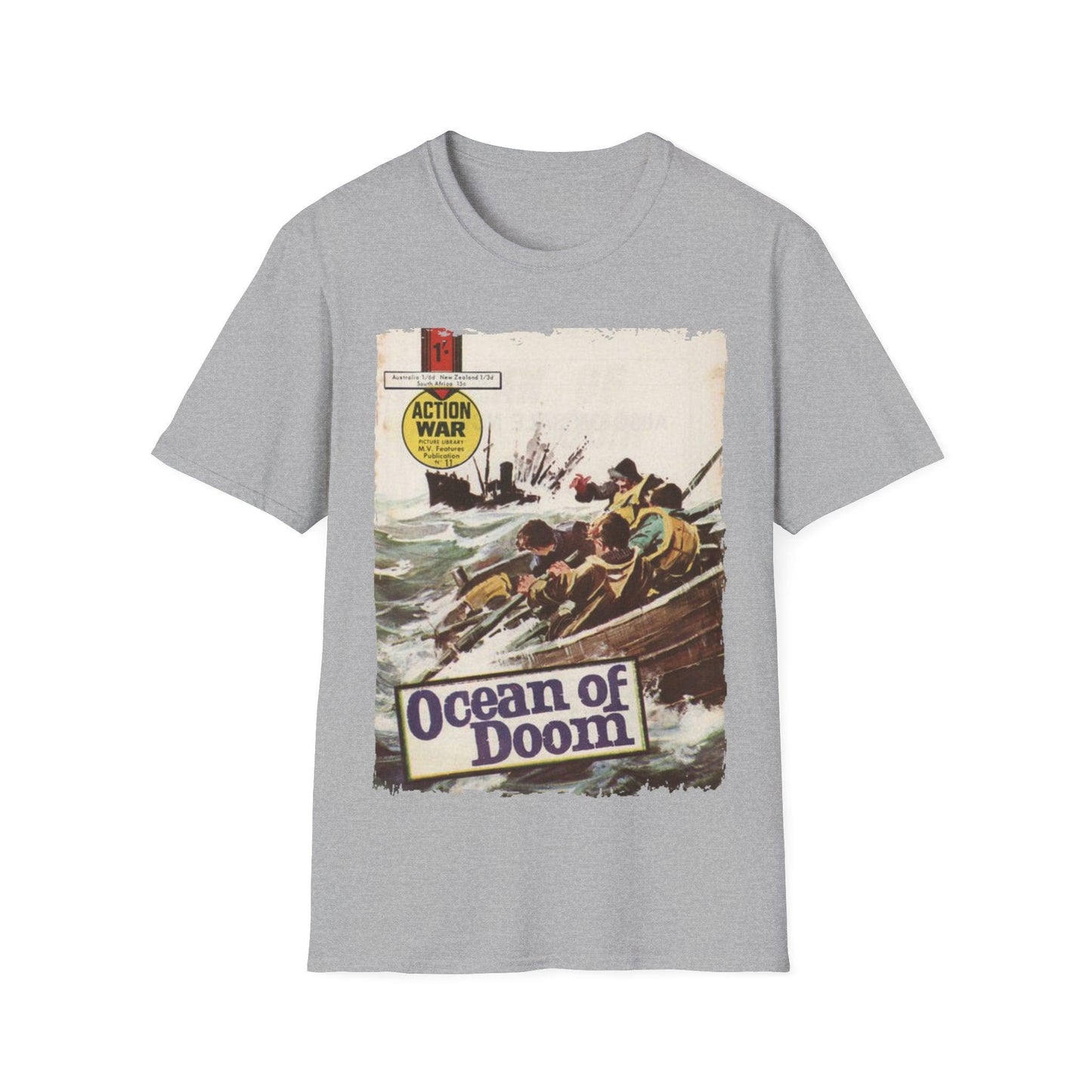 Close-up of the unisex softstyle T-shirt's fabric weave and subtle "Action War" printed label at the hem seam