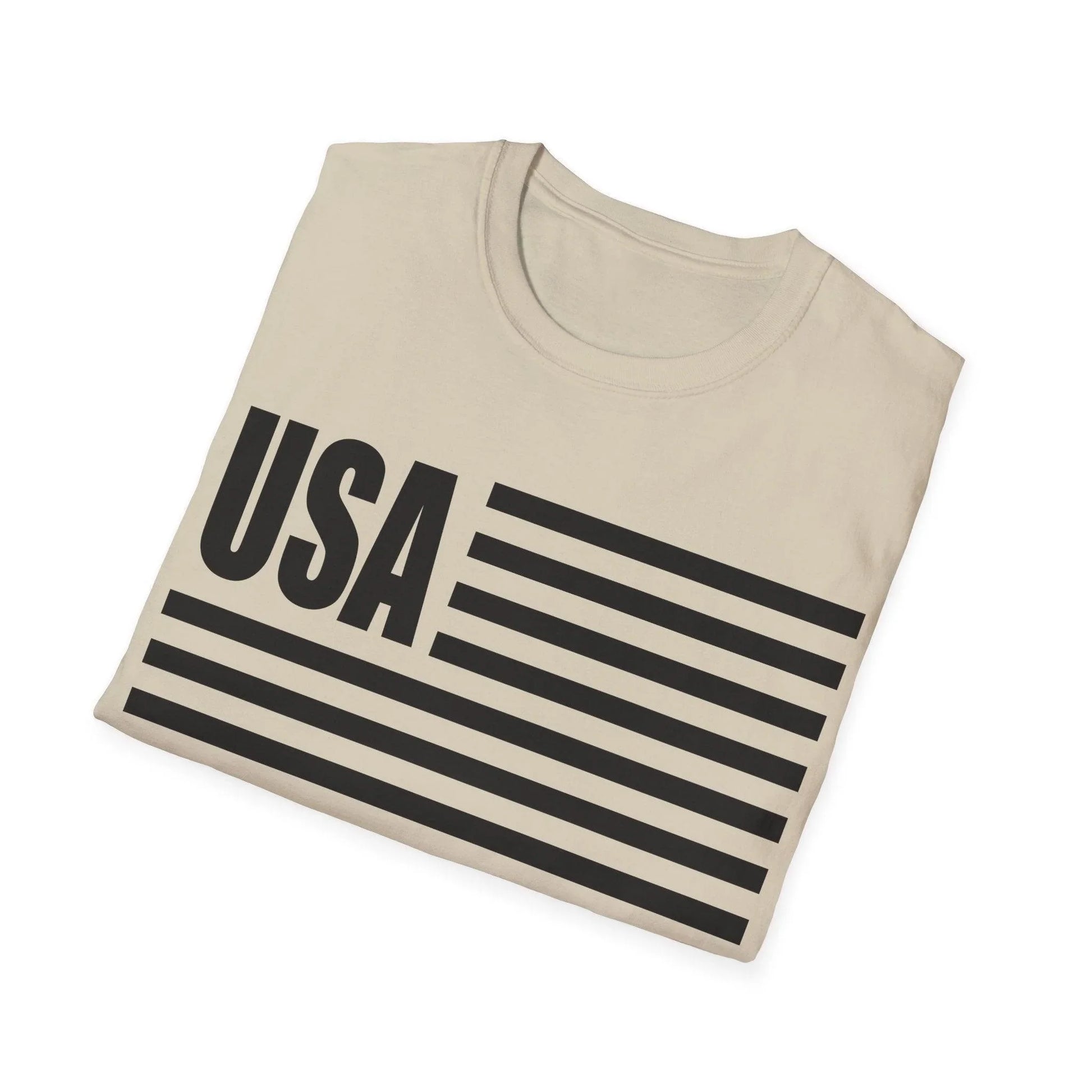 Close-up of the black and white American flag graphic on the chest of the unisex softstyle T-shirt, highlighting the
