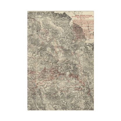 Close-up of the detailed map markings and vintage G.H.Q. label on the canvas for the May 24, 1919 Meuse-Argonne offensive