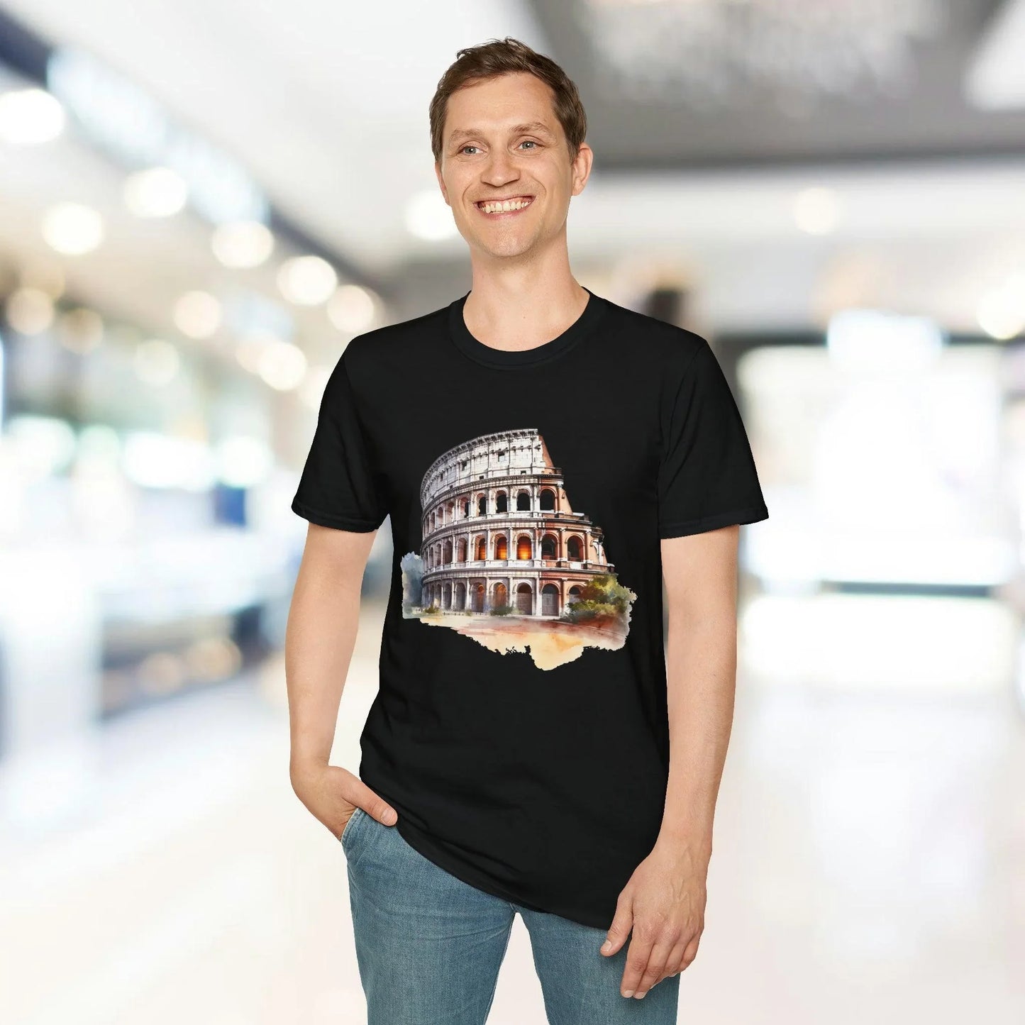 Close-up of the unisex softstyle T-shirt’s neckband detail showcasing smooth stitching and relaxed fit in midnight navy color