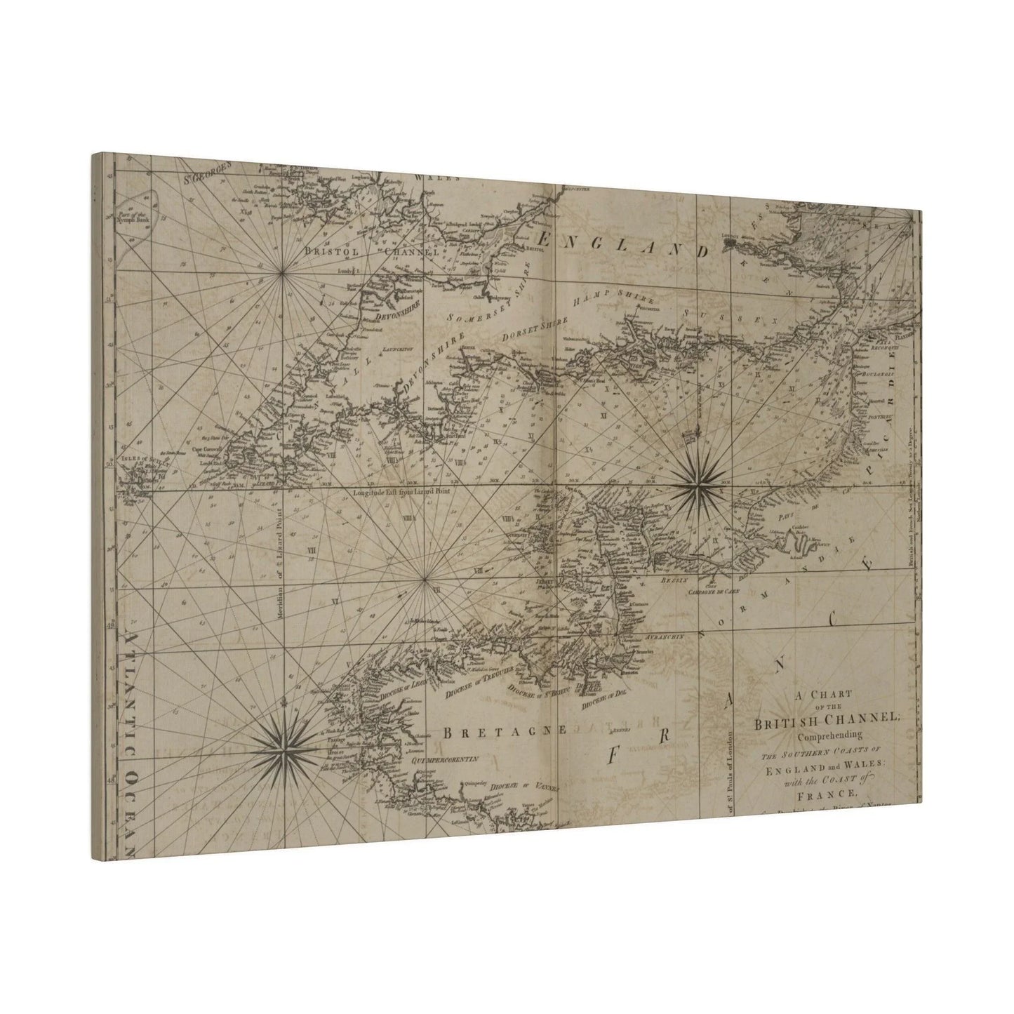 Close-up of the Chart of the British Channel's detailed coastline markings and shaded depth contours from a slightly tilted
