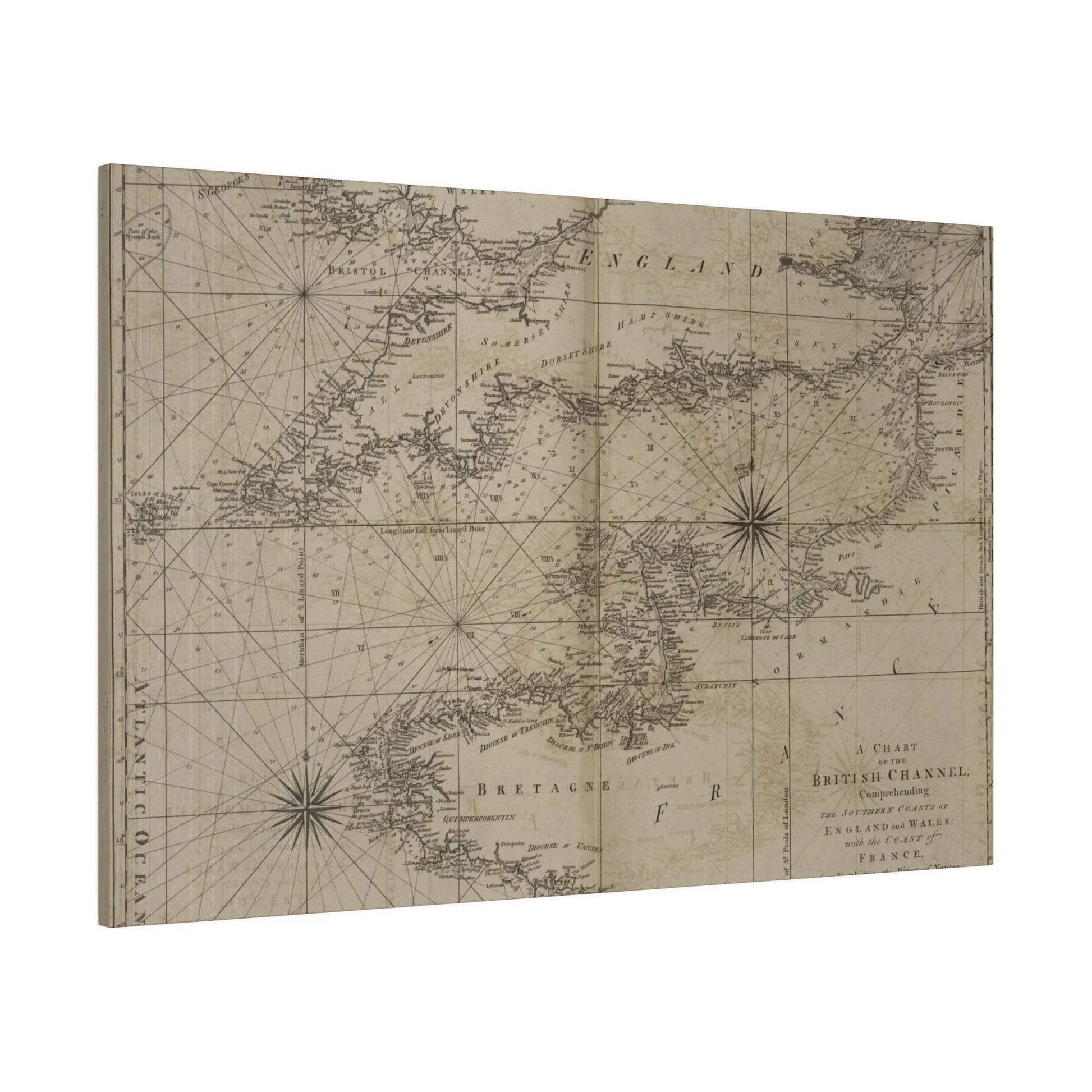 Close-up of the Chart of the British Channel's detailed coastline markings and shaded depth contours from a slightly tilted