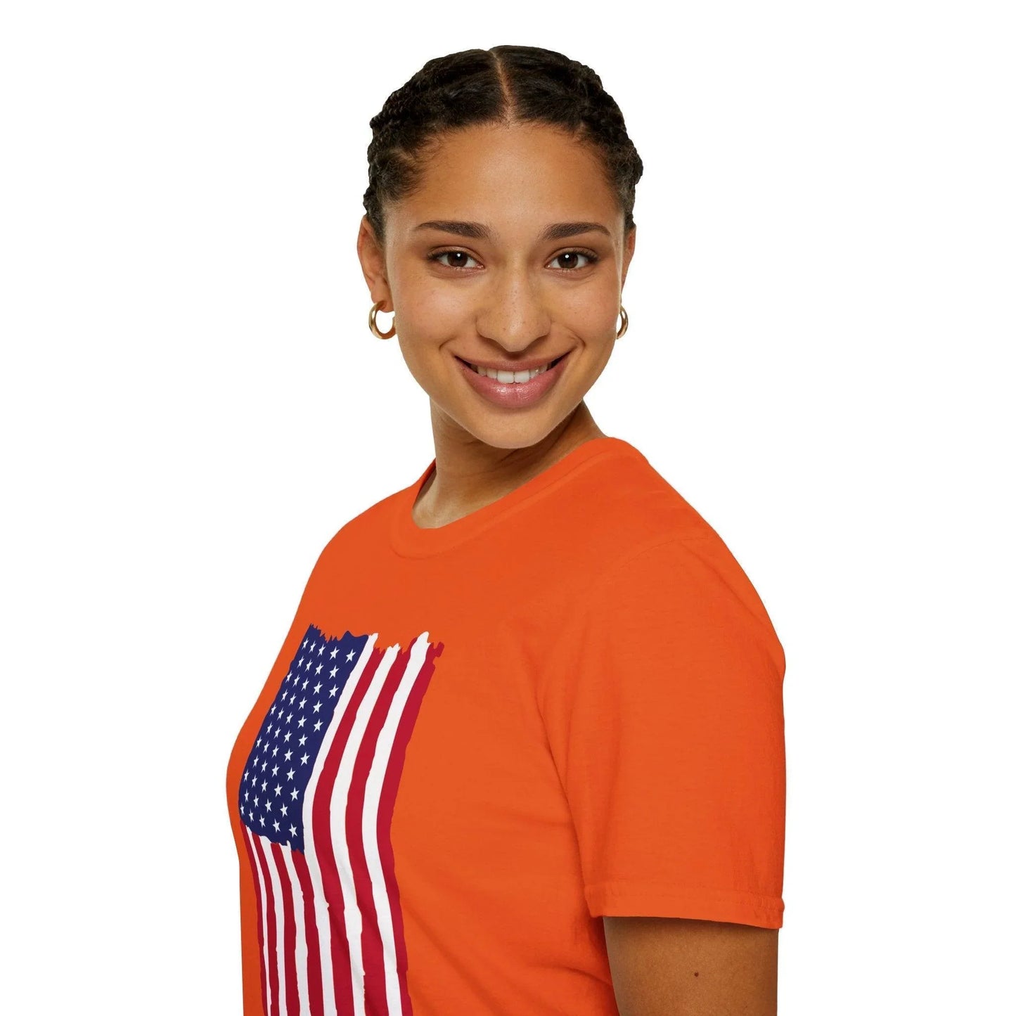 Close-up of the distressed vertical American flag print on the soft, relaxed fit, unisex T-shirt showcasing textured fabric