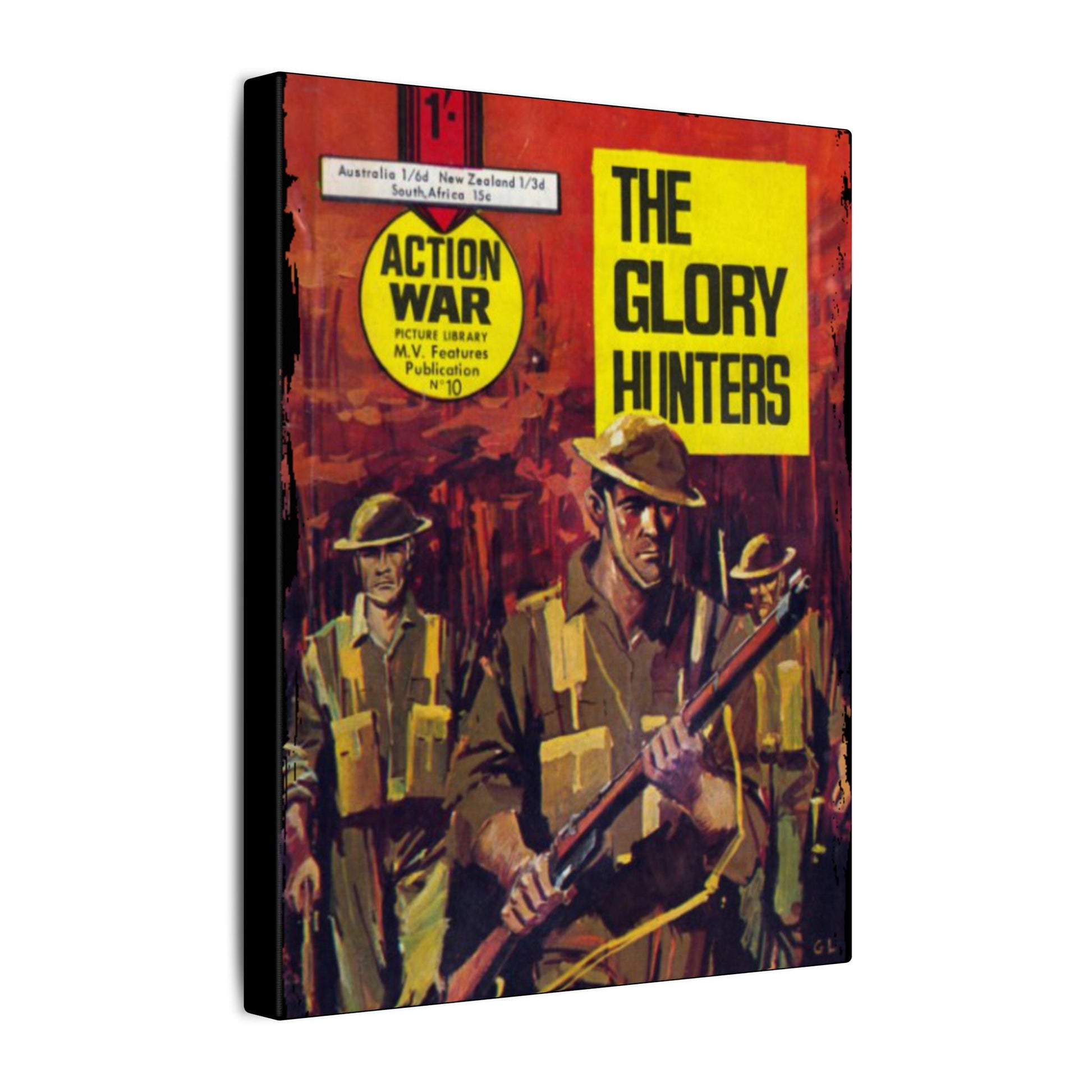 Close-up of the comic book cover's textured canvas surface highlighting vibrant colors and detailed line work at a slight