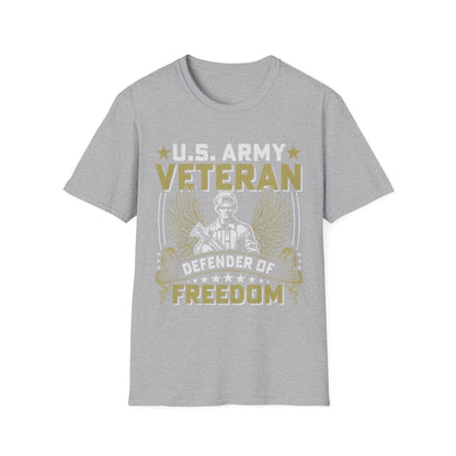Close-up of the Army Defender of Freedom unisex softstyle T-shirt's neckline and shoulder seam showing smooth fabric and