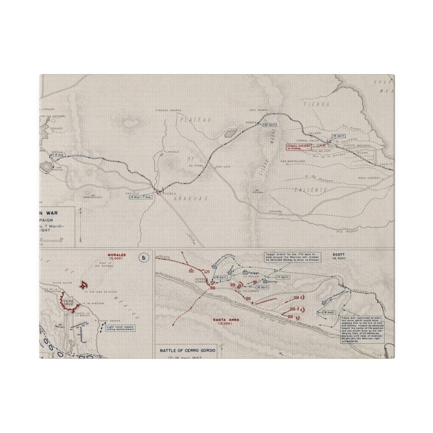 Close-up of detailed battle scene highlighting soldiers and weaponry from Scott's 1847 Mexican War campaign canvas.