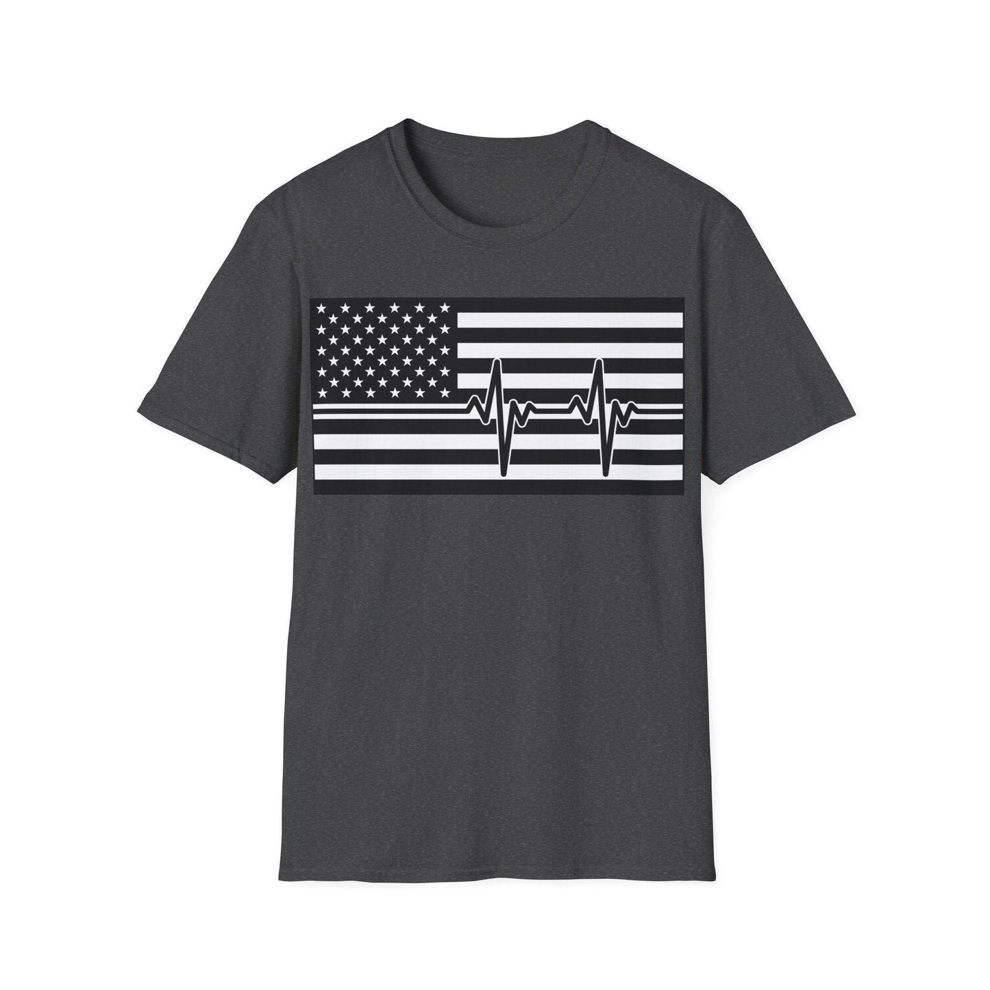 Close-up of the American Flag Heartbeat graphic on the forehead area of the black unisex T-shirt, highlighting crisp print