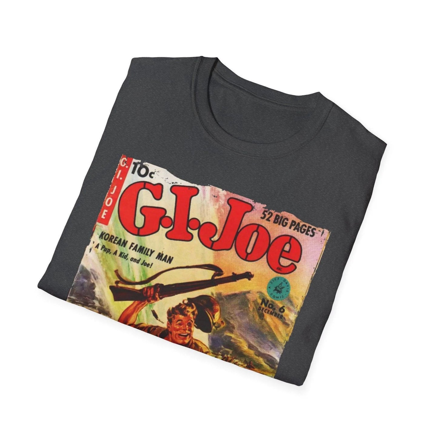 Close-up of the G.I. Joe No.6 unisex softstyle T-shirt neckline showing reinforced stitching and subtle fabric texture in