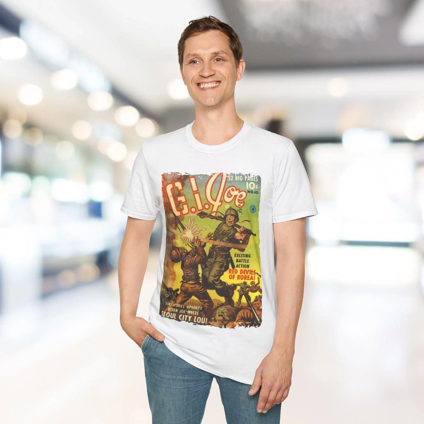 Close-up of the G.I. Joe No.10 T-shirt's collar with reinforced stitching and soft cotton fabric visible from a front-angle