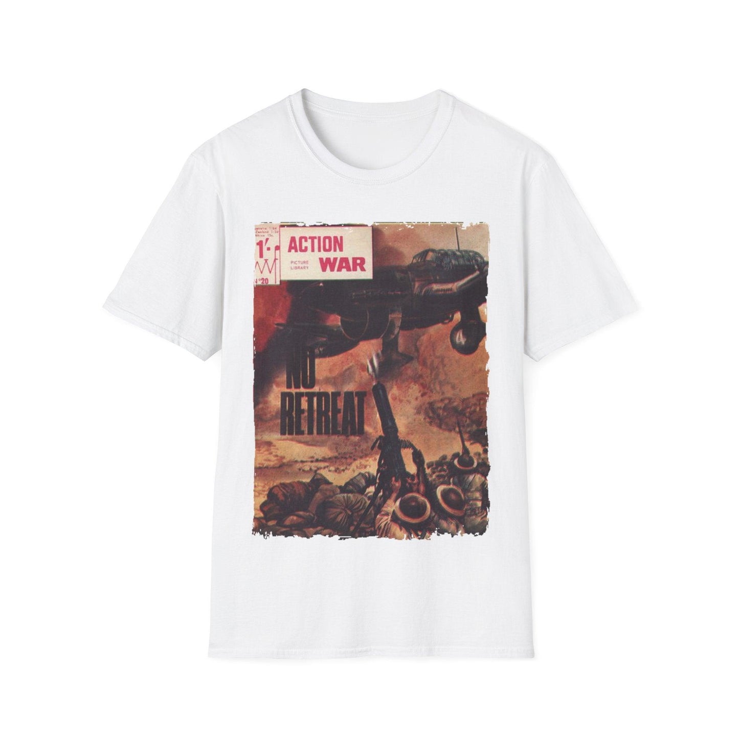 Close-up of the unisex softstyle T-shirt’s relaxed fit, showing the smooth cotton-blend fabric in Heather Gray from a front