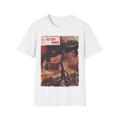 Close-up of the unisex softstyle T-shirt’s relaxed fit, showing the smooth cotton-blend fabric in Heather Gray from a front