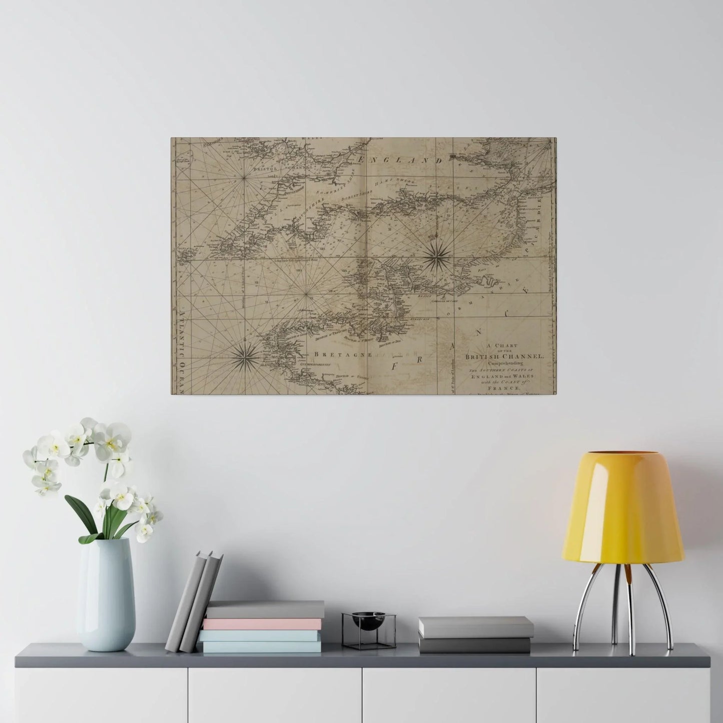 Close-up of the Chart of the British Channel showing detailed coastlines, placenames, and navigation symbols on textured