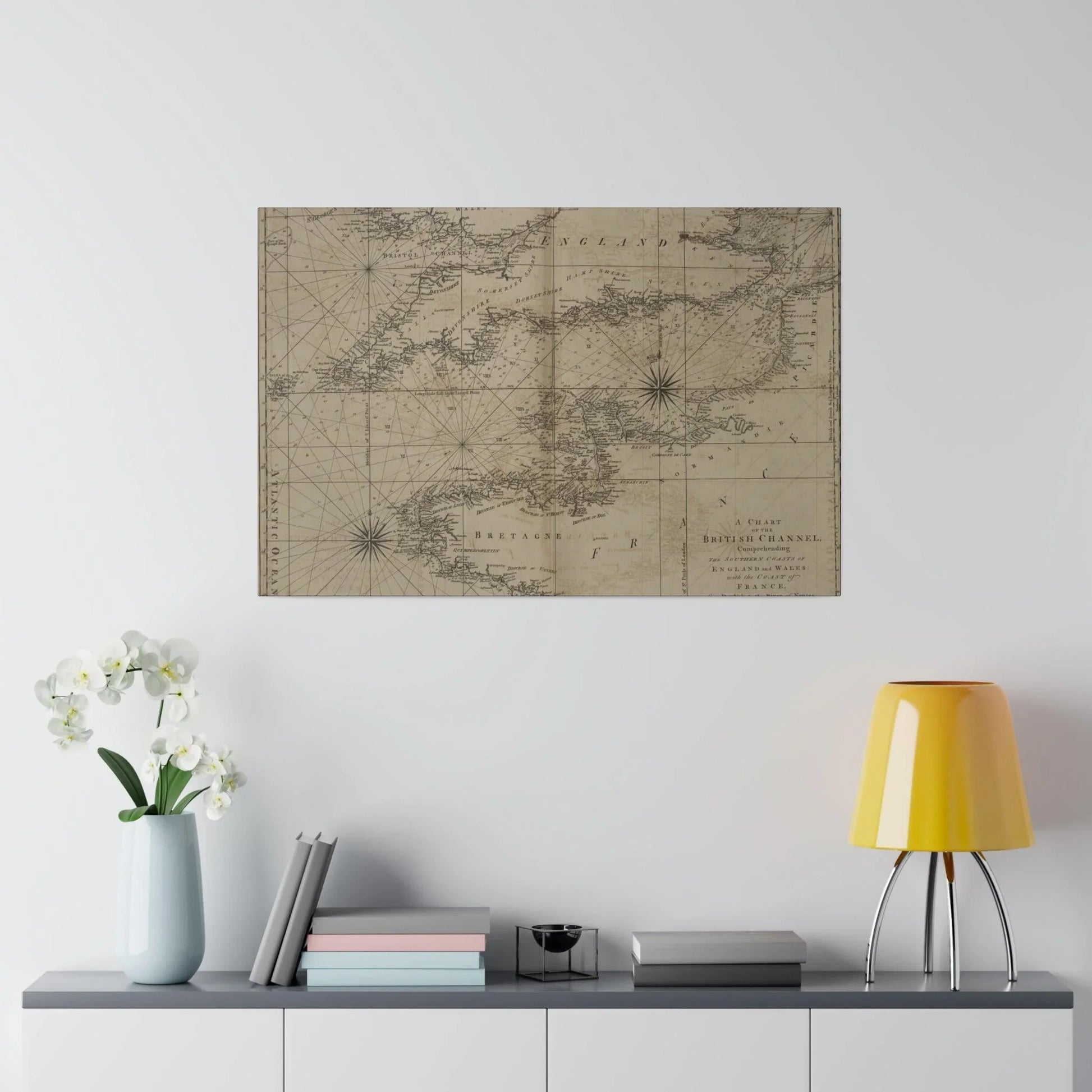 Close-up of the Chart of the British Channel showing detailed coastlines, placenames, and navigation symbols on textured