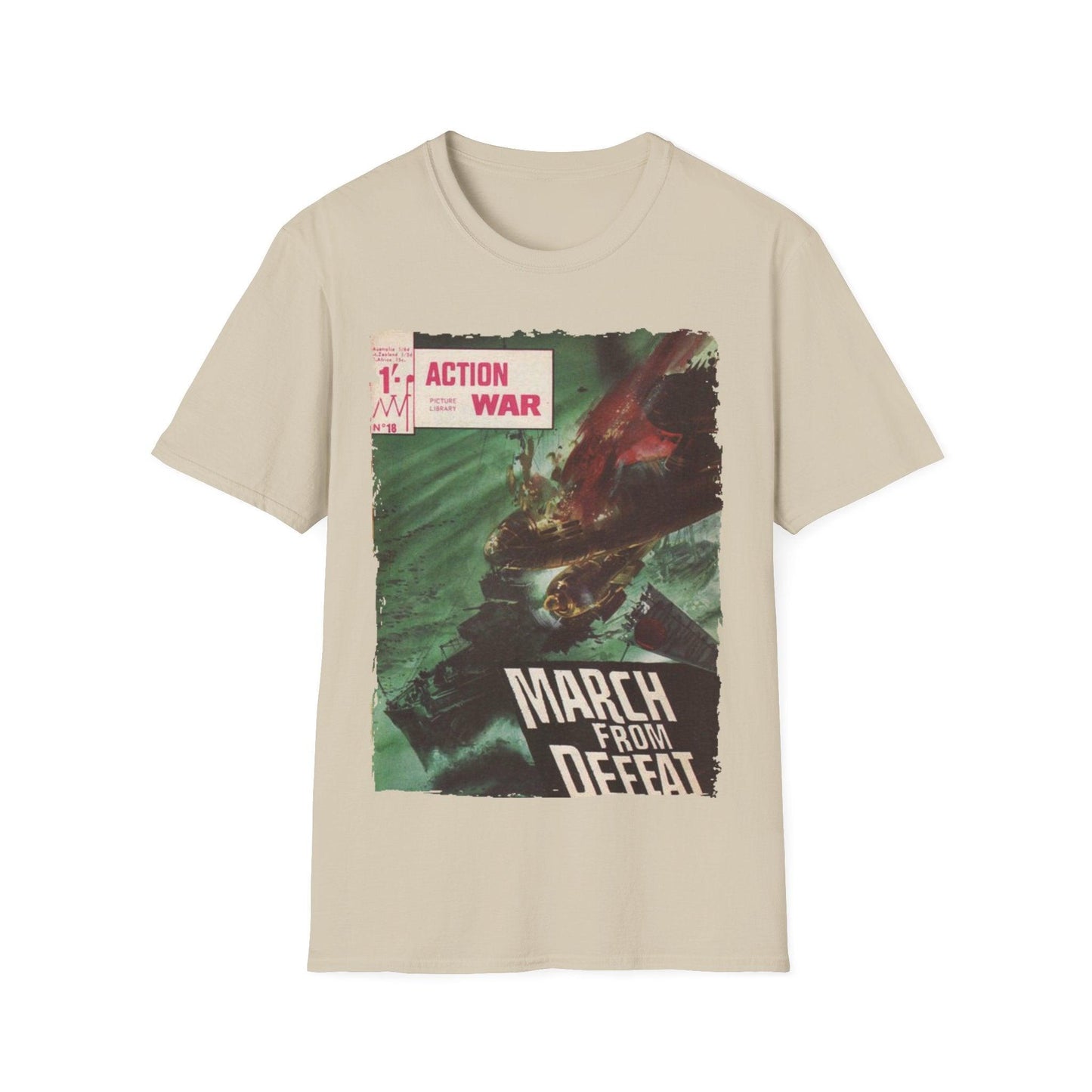 Close-up of the soft cotton fabric and subtle heather pattern on the relaxed fit, light blue unisex T-shirt's neckline