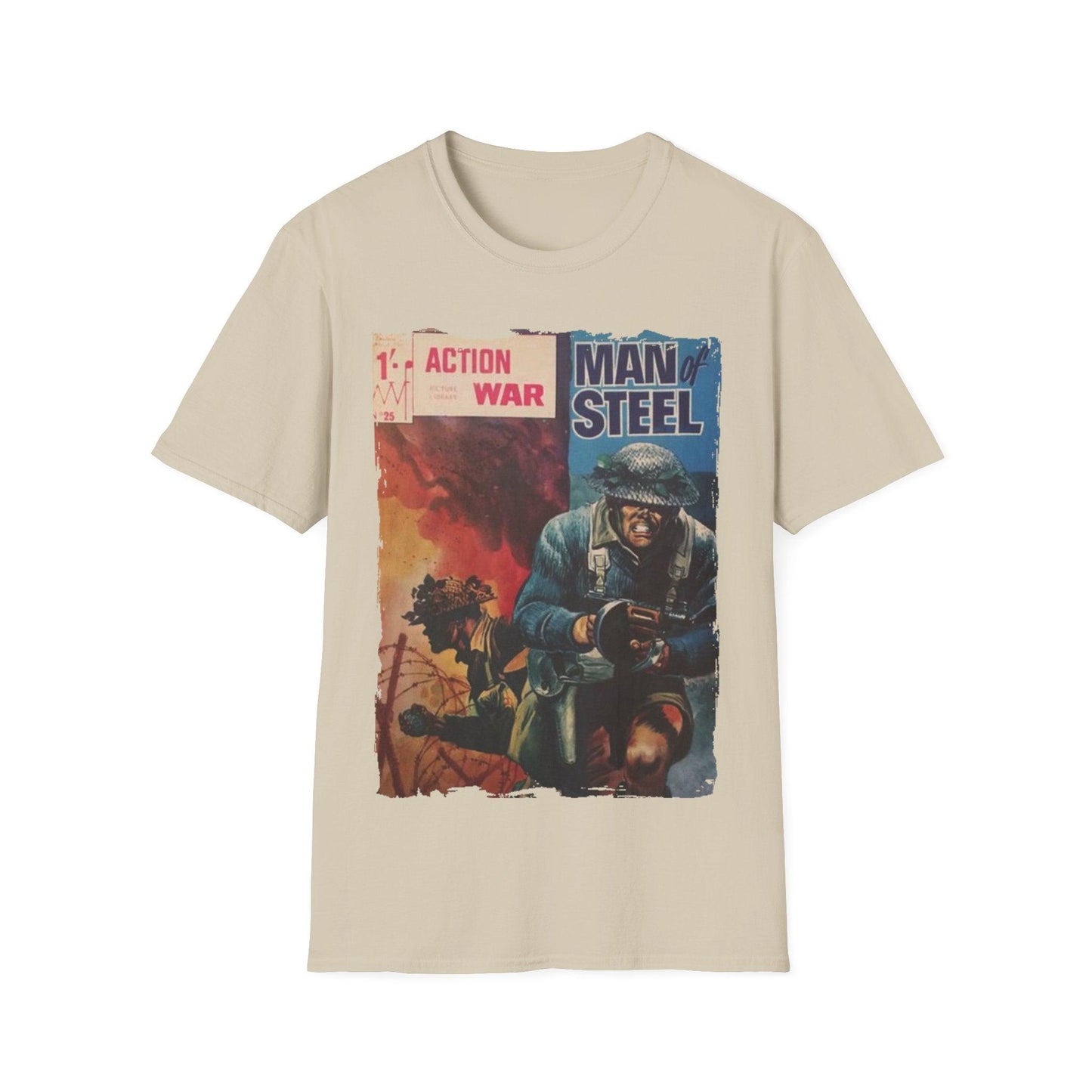 Close-up of the unisex softstyle T-shirt's tag highlighting fabric details and slim fit threading against the vibrant navy