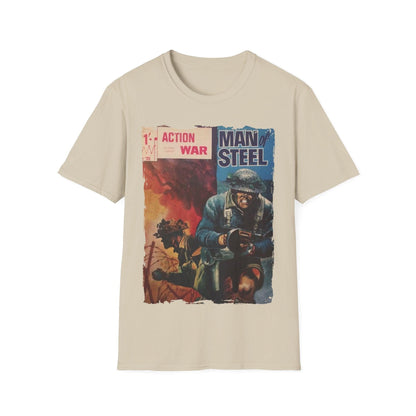 Close-up of the unisex softstyle T-shirt's tag highlighting fabric details and slim fit threading against the vibrant navy