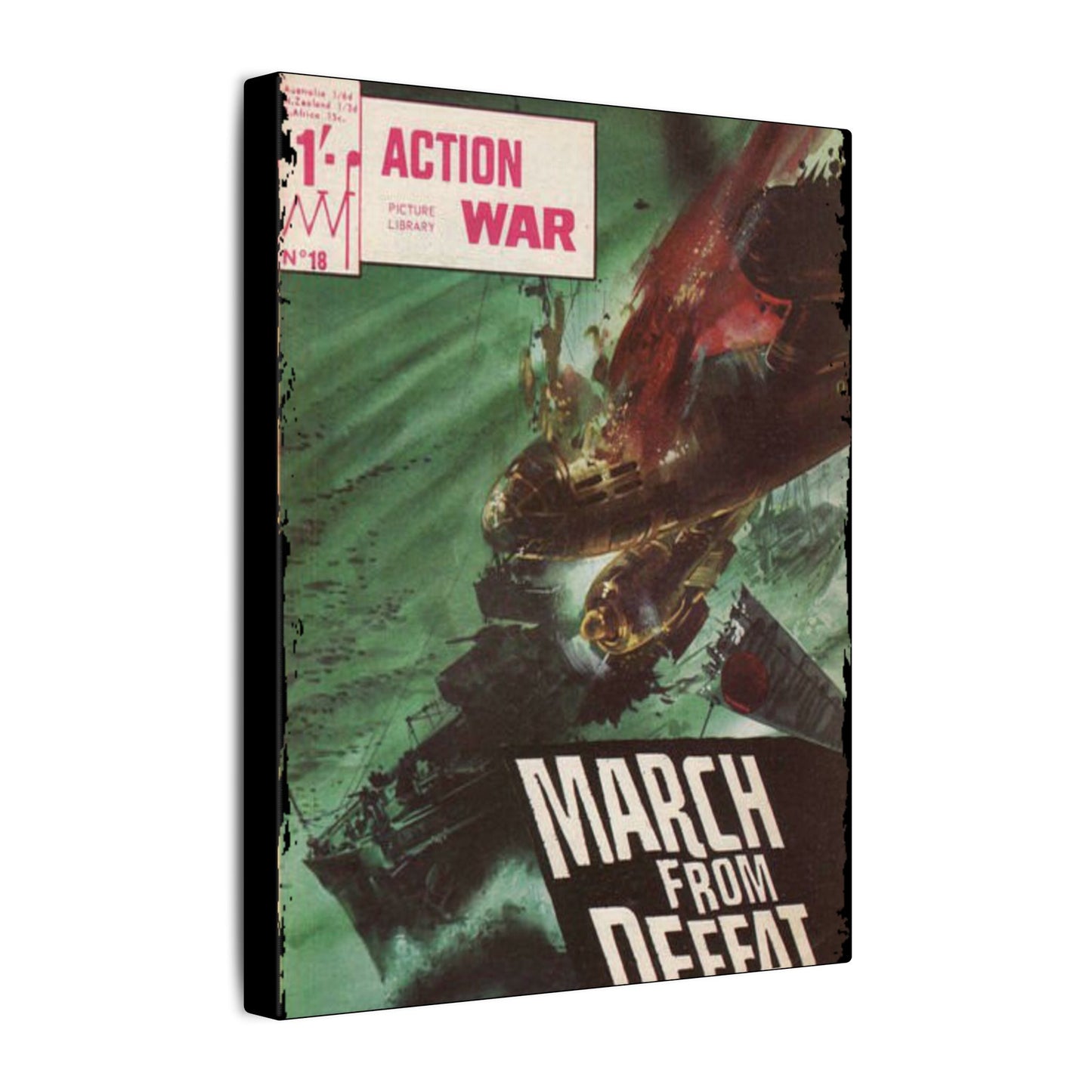 Close-up of the canvas material’s textured surface highlighting the intricate weave and matte finish of Action War #18.