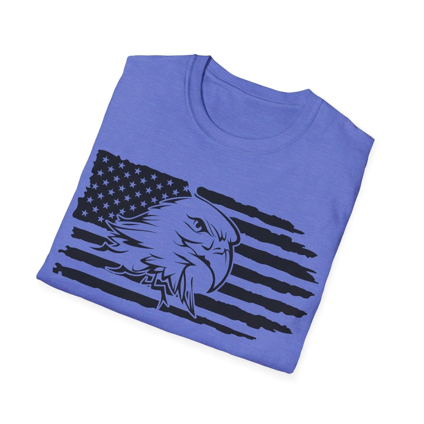 Close-up of distressed black-and-white American flag print and eagle detail on the front of the unisex soft cotton T-shirt