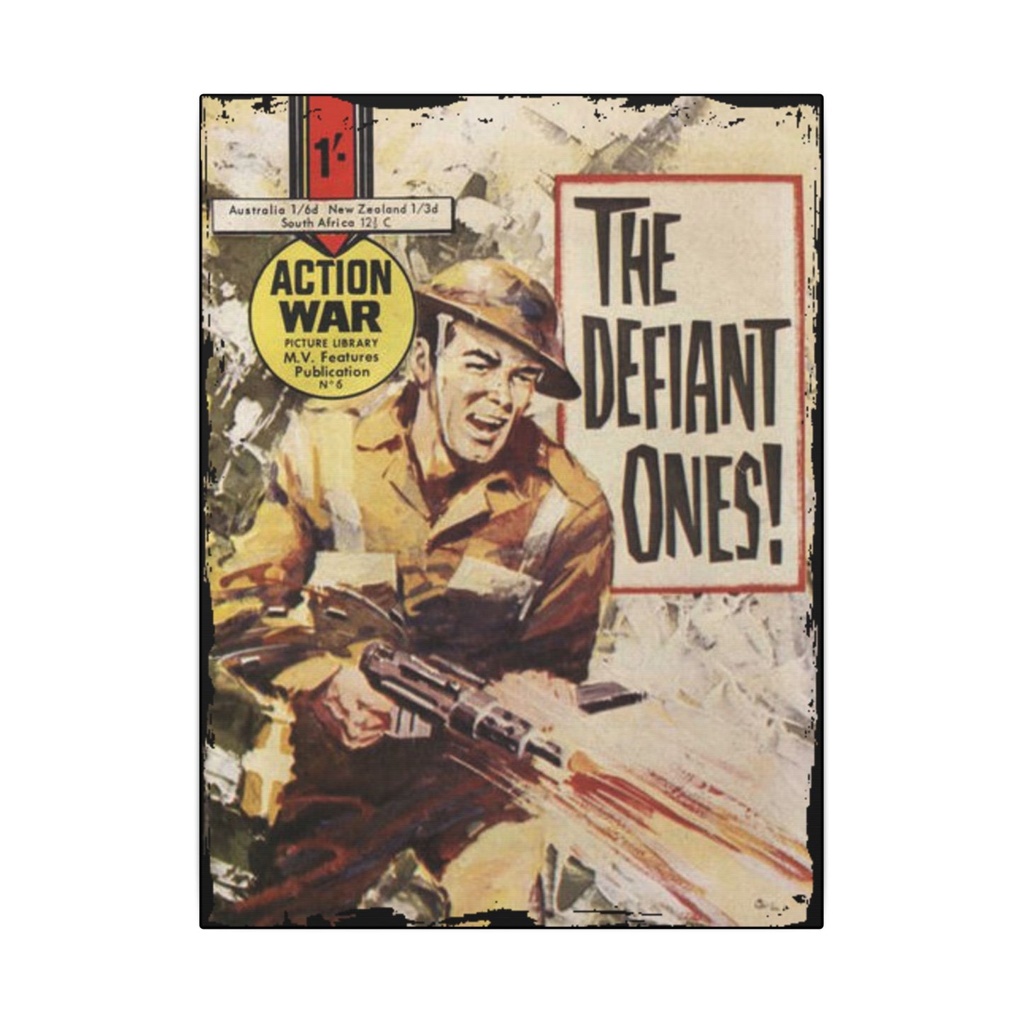 Close-up of "Action War #6" canvas showing vibrant comic panel detail with textured fiber surface and bold color contrast.