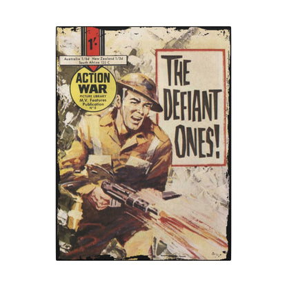 Close-up of "Action War #6" canvas showing vibrant comic panel detail with textured fiber surface and bold color contrast.