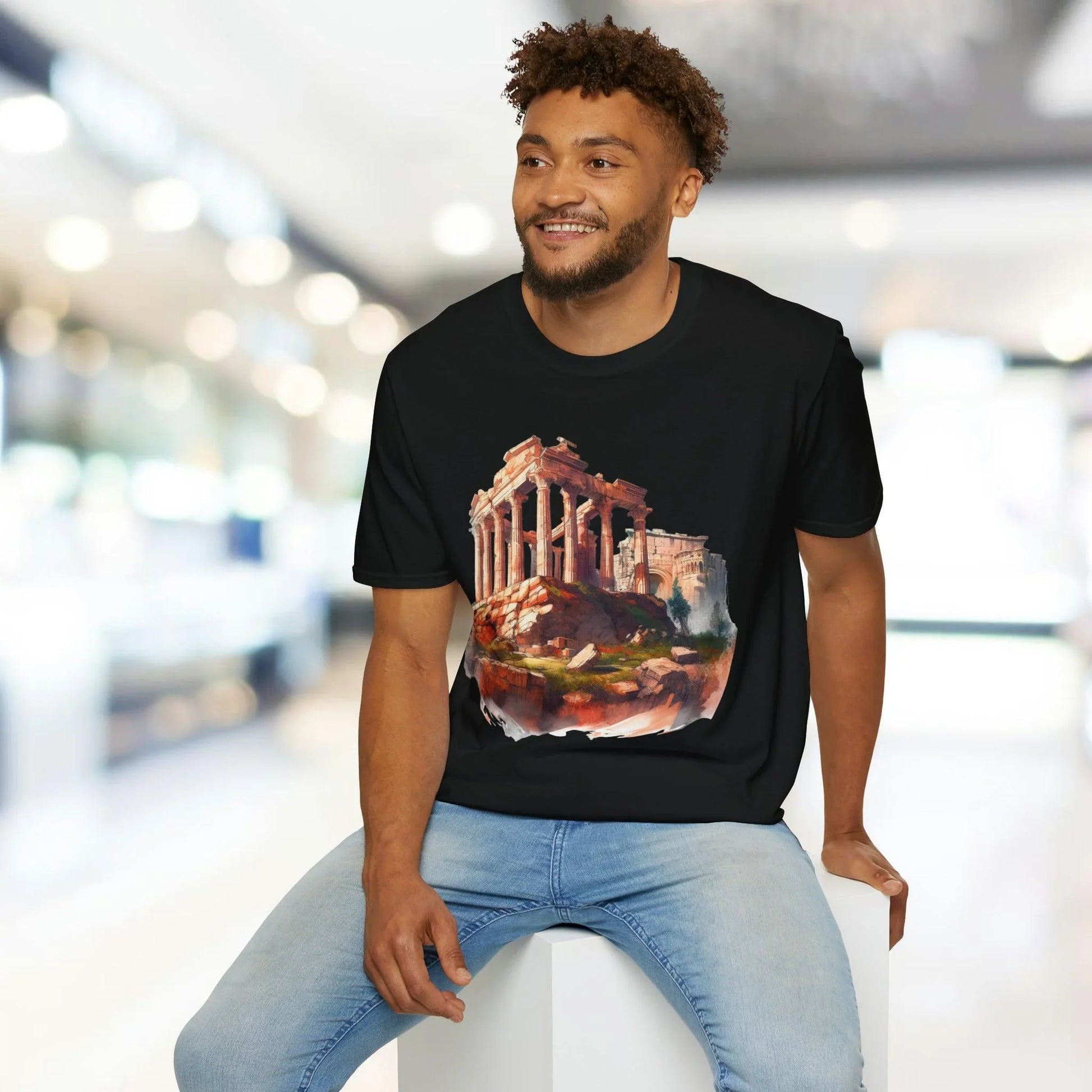 Close-up of the unisex softstyle T-shirt fabric showing smooth texture and subtle heather pattern in charcoal gray