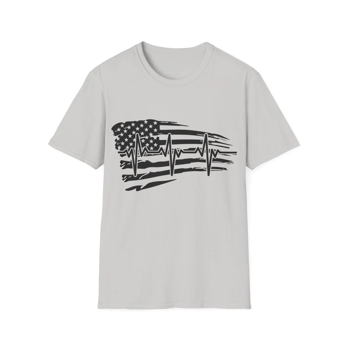 Close-up of distressed black and white flag heartbeat graphic on the front chest area of the relaxed fit unisex T-shirt