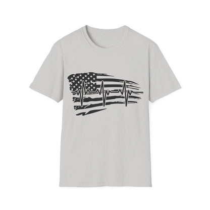 Close-up of distressed black and white flag heartbeat graphic on the front chest area of the relaxed fit unisex T-shirt