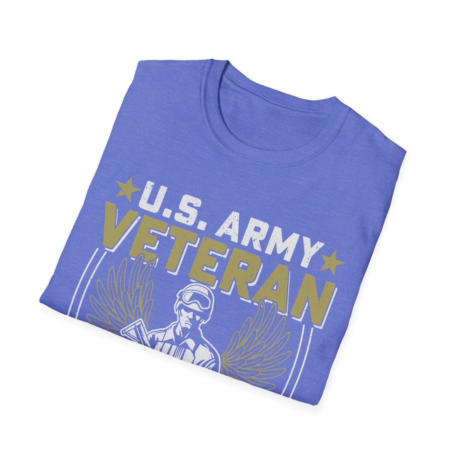 Close-up of the Army Defender of Freedom unisex T-shirt neckline and collar stitching in heather olive green fabric.