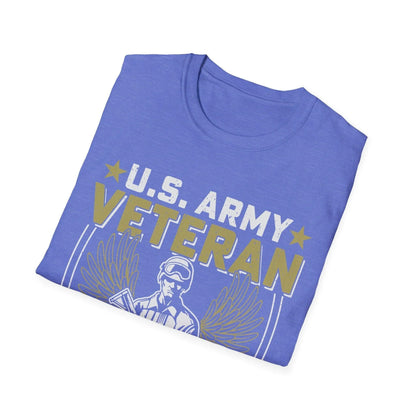 Close-up of the Army Defender of Freedom unisex T-shirt neckline and collar stitching in heather olive green fabric.