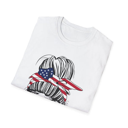 Close-up of the navy unisex T-shirt’s stitched neckline and smooth fabric texture from a slight overhead angle.